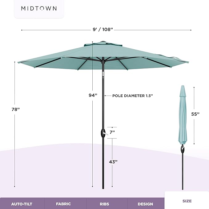 Midtown Umbrellas - 10-Year-No-Fade 9 Ft Patio Umbrella with Terylast Fabric, Auto-Tilt Aluminum Frame and 8 Reinforced Ribs for Deck, Pool, Garden & Beach - Aqua Canopy, Black Pole
