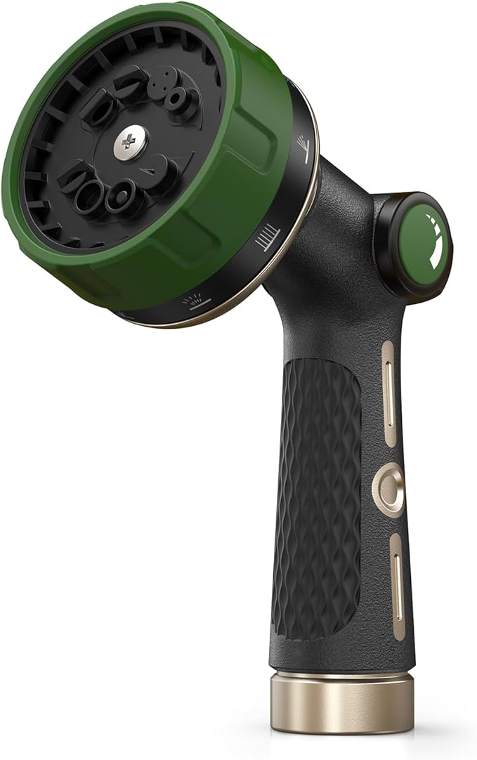 RAINPOINT Garden Hose Nozzle Heavy Duty - 100% Metal Thumb Control Spray Nozzles for Garden Hose High Pressure, 10 Patterns Water Hose Nozzle for Car Wash, Watering Lawn and Pets, Bottle Green