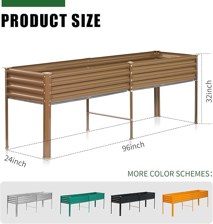 Land Guard Galvanized Raised Garden Bed with Legs, 96×24×32in Raised Garden Beds Outdoor with Drainage Holes, Planter Boxes Outdoor for Backyard, Patio, Balcony, 1200lb Capacity, Brown