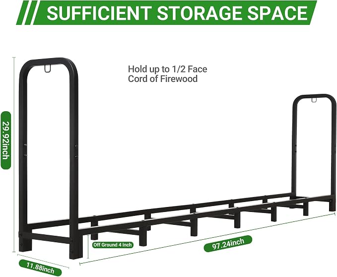 Firewood Rack Outdoor 8 FT - Adjustable Length (2.6-8ft), Holds 1/2 Face Cord Firewood, Heavy Duty Log Holder with 14 Support Legs for Backyard Fire Pit & Indoor Fireplace,Black