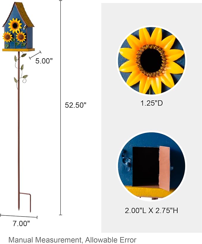 Glitzhome 52.5" Blue Metal Birdhouse Outdoor with Stake, Sunflower Accents Decorative Standing Bird House for Garden, Farmhouse Iron Nesting Box with Vine Details