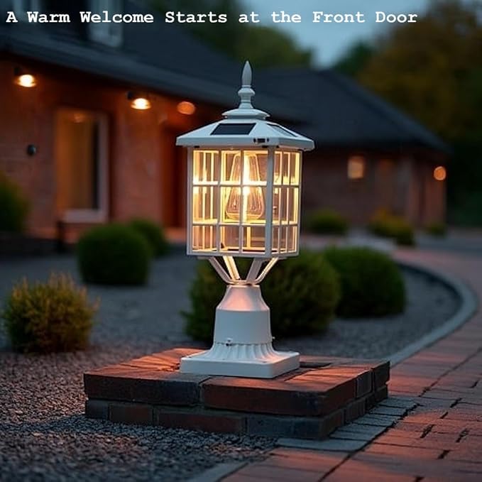 ST4224Q-W Solar Post Light Outdoor Led Squared Frame Fixture with 3" Pier Mount Base for Garden Street Pole Landscape Yard Driveway Entryways (White)
