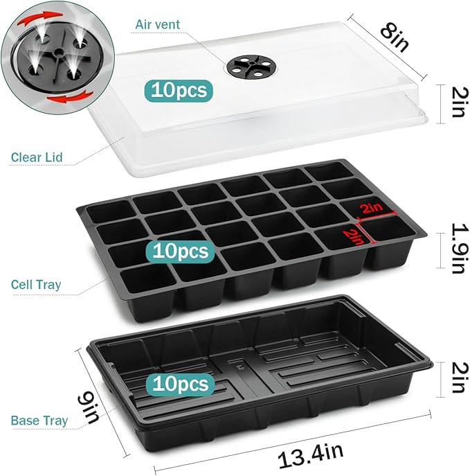 RooTrimmer 10-Pack XL Seed Starter Tray with Dome – 24 Large 2" Cells per Seedling Starter Trays (Total 240 Cells), Seed Growing Tray with Humidity Lids for Greenhouse Home Plant Propagation