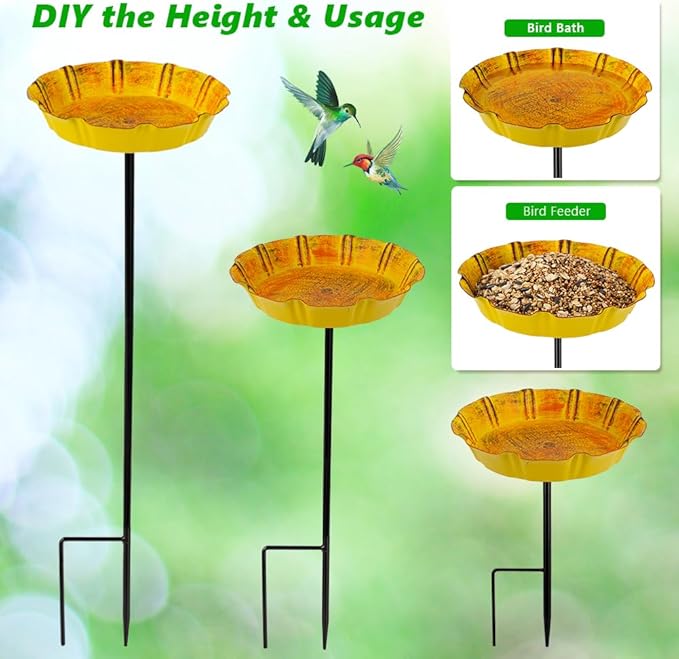 DREAMSOUL 2 PCS Bird Bath with Stake, Metal Bird Baths for Outdoors Garden Birdbath for Yard Garden Lawn Decor (Red & Yellow)