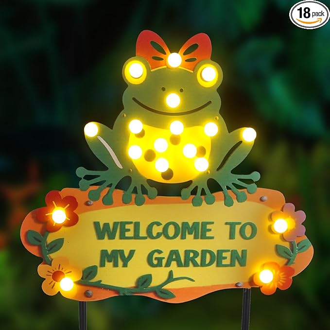 Frog Solar Lights Outdoor Garden 43.7" with 18 Bulbs Solar Powered String Lights, Large Welcome to My Garden Green Yard Stakes for Pathway, Lawn, Patio, Outdoor Decor