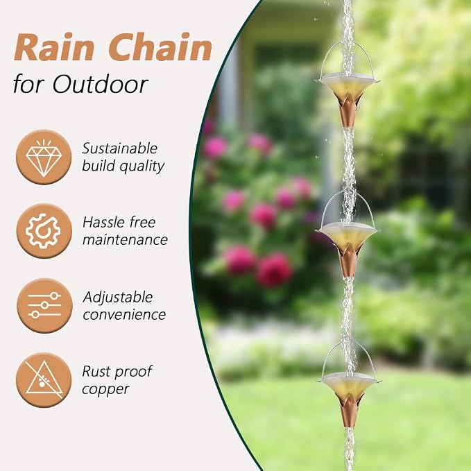 8.5 FT Rain Chain, Metal Rain Gutter Chains with 10 Morning Glory Shaped Cups, Adjustable Metal Rain Catcher Chain for Eaves Drainage, Replacement for Downspout