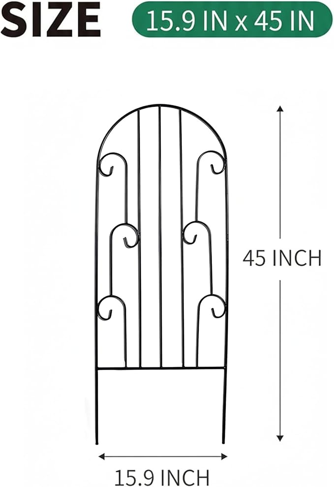 SCENDOR 2 Pack Arched Metal Garden Trellis for Climbing Plants 45" H x 15.9" W – Rustproof Iron Trellis with Decorative Scrollwork, Perfect for Roses, Clematis, Vines, and Patio Decor