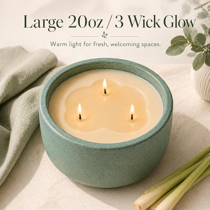 20oz Large Scented Candle Outdoor - Citronella & Bergamot, 3 Wick Non Toxic Soy Scented Candles Indoor, Green Decorative Ceramic Jar Candle for Women, Men, Patio, Home, Bedroom, Bathroom, Living Room