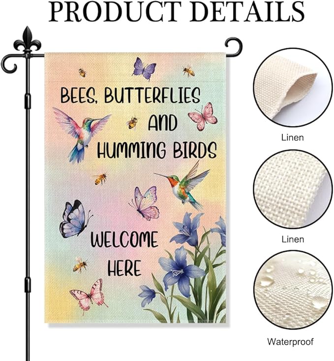 Bees Butterflies And Hummingbirds Welcome Here Garden Flag Double Sided Yard Outdoor Decoration 12x18 Inch, Gardening Outdoor Patio Decoration Garden Flag, Bird and Plant Lover Yard Sign