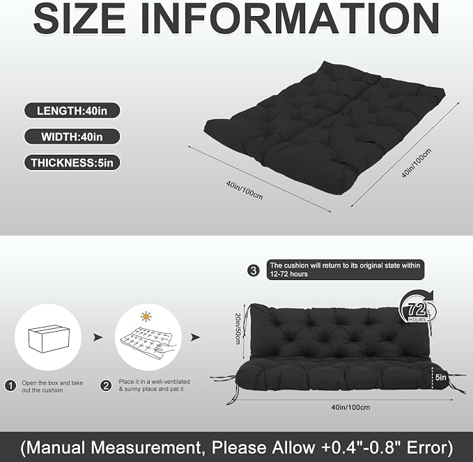 Porch Swing Cushions 40 inch Waterproof & Fade Resistant Thicken 5" Outdoor Swing Cushions 2 Seater Replacement with Backrest & Ties Patio Swing Cushions for Outdoor Furniture (Black)