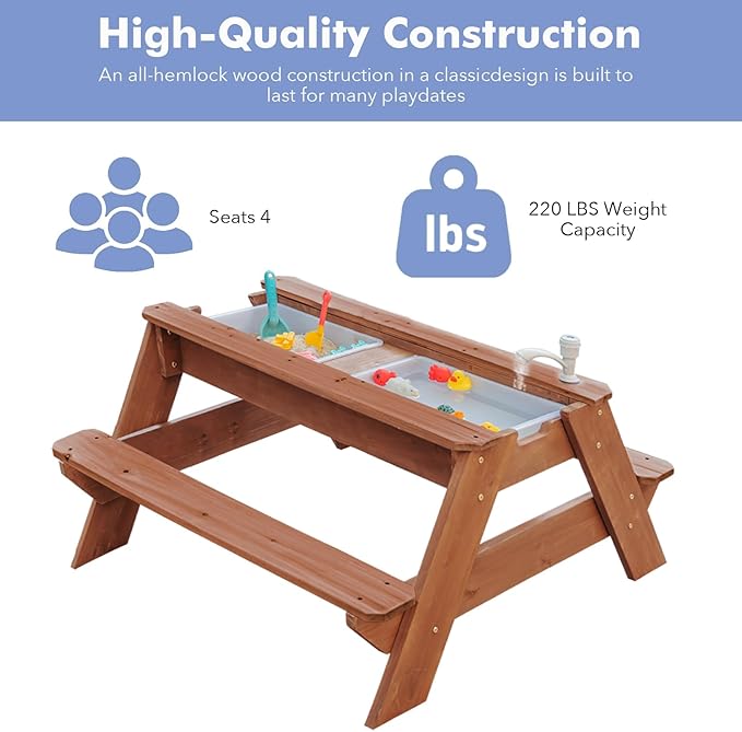 Kids 3-in-1 Sand & Water Table, Wood Outdoor Convertible Picnic Table w/Umbrella, 2 Trays, Removable Top with Faucet, Picnic Table for Outdoor Playset (Brown/Brown)