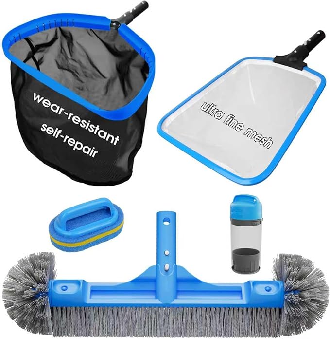 TidyMister All in One Pool Cleaning Kit - 18'' Repairable Pool Nylon Net & 18'' Detachable Round Brush & 11'' Fine Mesh Skimmer Net & Pool Chlorine Floater & Handy Scrubber for Water Line Cleaning