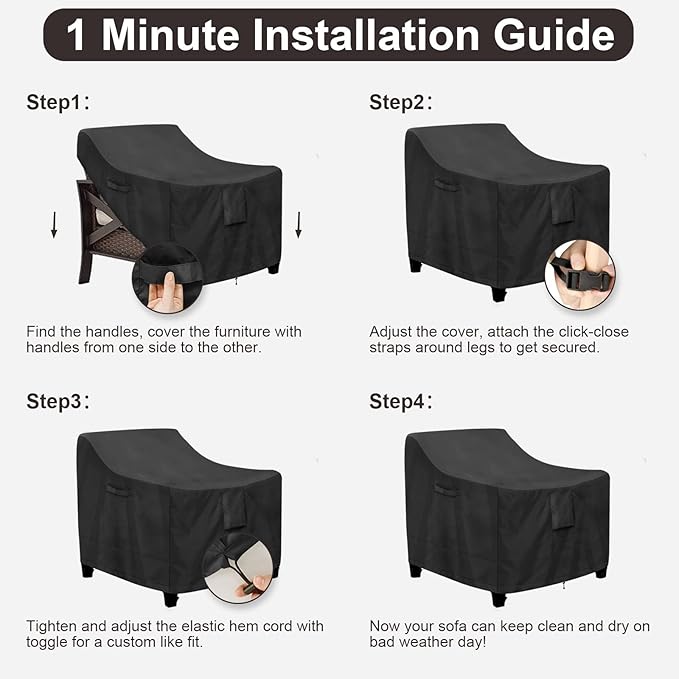 PureFit Outdoor Chair Covers Waterproof Patio Furniture Lawn Chair Covers for Outdoor Furniture with Air Vent and Padded Handles, Fits up to 32W x 37D x 36H Inches, Black