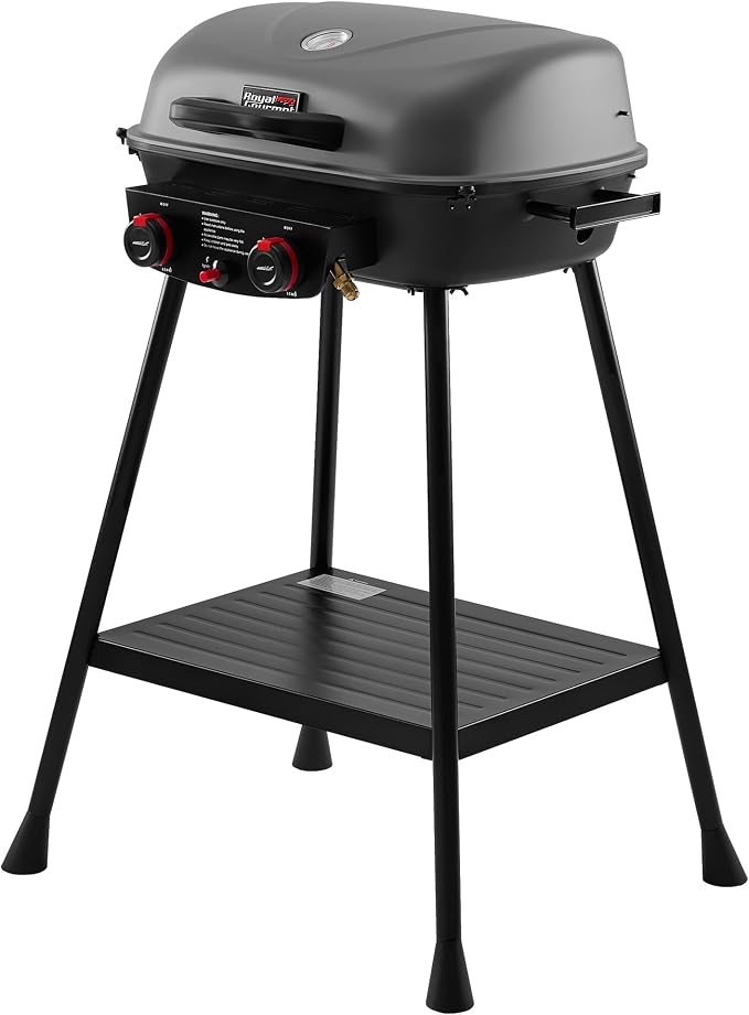 Royal Gourmet GT2003 Portable 2 Burner Propane Gas Grill with Stand and Warming Rack, 2-in-1 Grill Griddle Combo with 17,000 BTUs Output forCamping, Tailgating, Backyard, Gray