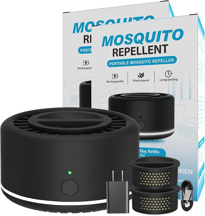 Mosquito Repellent Outdoor Patio, Recharageable Mosquito Repeller 2 Plant-Based Refills, Ready-to-use Mosquito Repeller Device for Camping Outing(Black, Pack of 2)