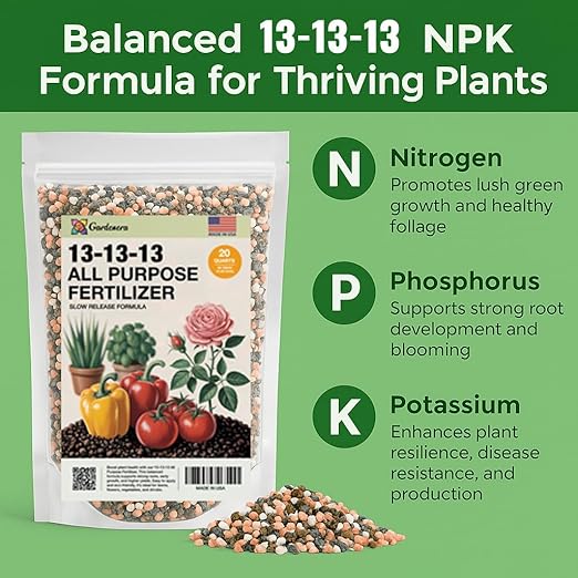 Gardenera 13-13-13 Slow Release Granular Fertilizer – All Purpose Plant Food 13 13 13 for Outdoor Grass, Vegetables, Roses, Flowers, Shrubs, Trees. Lawns, Gardens, Potted Plants (3 Quarts)