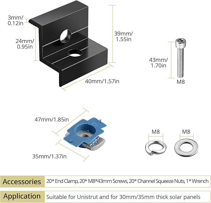 Anbte 20pcs Solar Panel End Clamp for Standard Unistrut, Aluminum 30mm/35mm Solar Panel Brackets with Nuts Bolts, Solar Panel Mounting Kit for Metal Roof, Tin Roof, Flat Roof, Sheet Roof, RV, Black