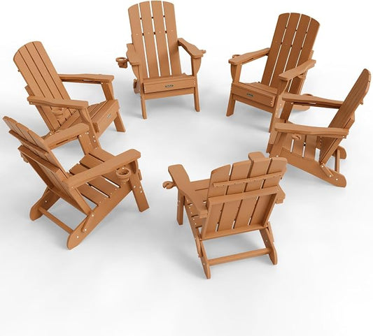 Folding Adirondack Chair Set of 6, HDPE Adirondack Chairs with 2 Cup Holder, Plastic All-Weather Fire Pit Chairs, Outdoor Lawn Chair for Patio Garden (Teak)