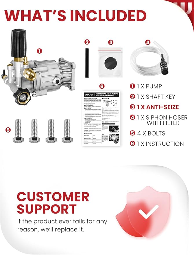 WOJET Pressure Washer Pump, 3/4" Shaft, 3400PSI 2.5GPM, Horizontal Power Washer Pump With Anti-seize, Self-Priming, Replacement Pressure Washer Pump Kit for Dewalt, Simpson, Craftsman, Honda, Generac
