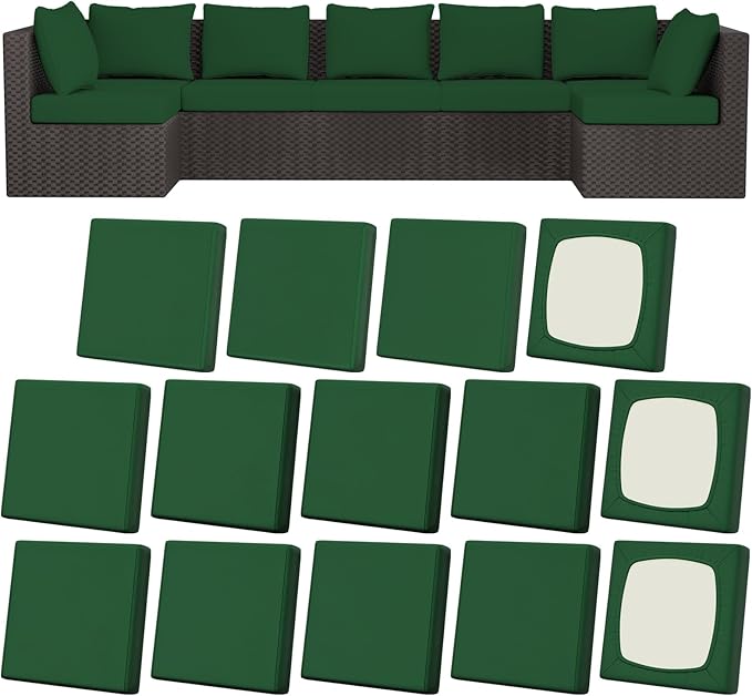 14Pcs Patio Stretch Cushion Covers, Outdoor Couch & Sofa Replacement Slipcovers for Patio Furniture Cushion Covers, Washable Reusable Furniture Protector, Square Large, Dark Green