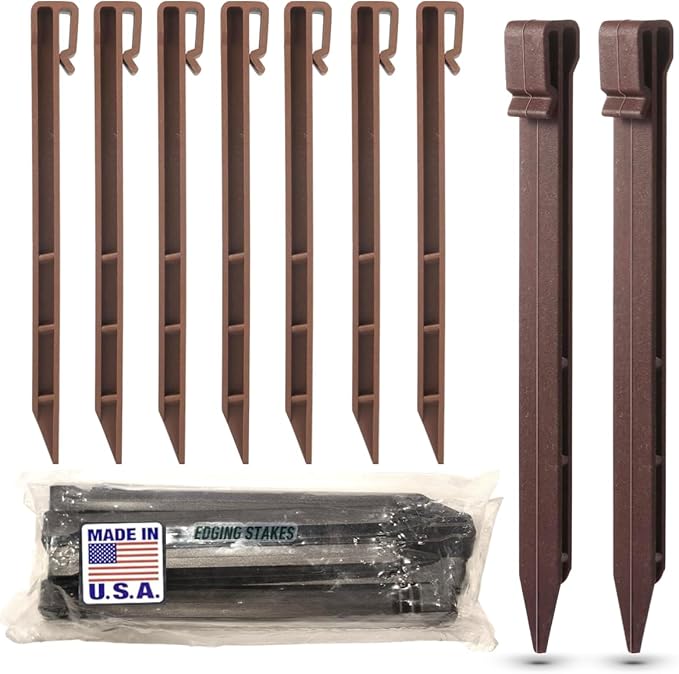 USA Made - (10 Pack) Brown 10" Inch Heavy Duty Plastic Landscape Edging Stakes, Anchoring Spikes for Edging & Terrace Board