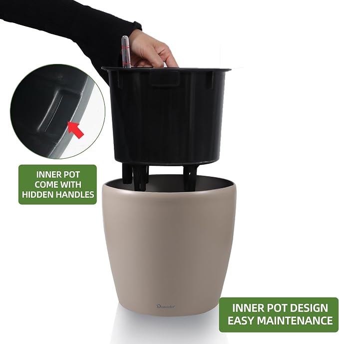 Dexceder 9x8 Self Watering Planter (Taupe Matte) | Inner Pot Design, Thickened Table Flower Plant Pot with Water Level Indicator Indoor Outdoor