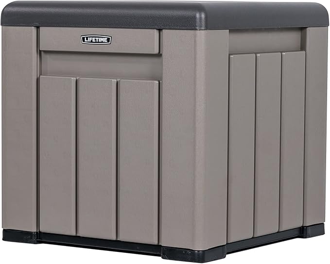 Lifetime 60186 Heavy-Duty Outdoor Storage Deck Box, 116 Gallon, Desert Sand/Brown & 60372U Outdoor Storage Cube Deck Box for Patio Furniture Cushions, Toys, Garden Tools, Pool Accessories, Gray
