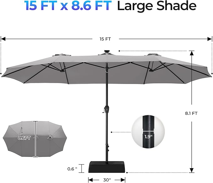 SUPERJARE 15ft Large Patio Umbrella with Base included, Double Sided Outdoor Umbrella with Solar Lights, Pool Umbrella with Fade Resistant Canopy for Deck, Porch, Yard, Balcony, Grey