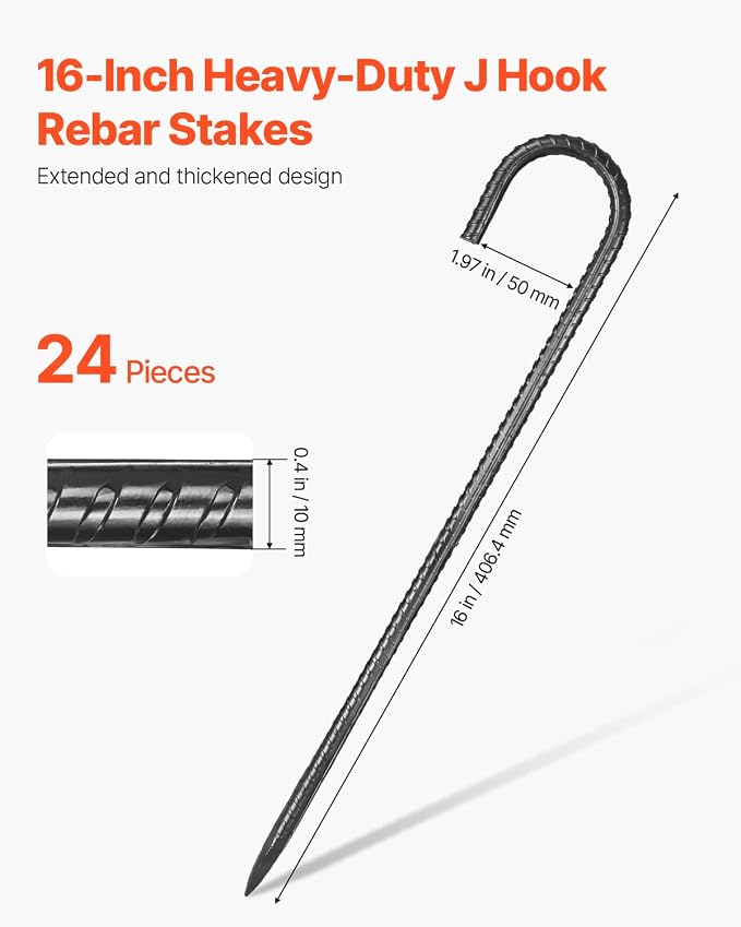 VEVOR Rebar Stakes, 16-Inch, Heavy-Duty 0.4 in Diameter J Hook, Galvanized Steel Ground Anchors with Chisel Point End & Rust-Resistant Coating, for Gardening Support, Fence, Camping Tents (24-Pack)