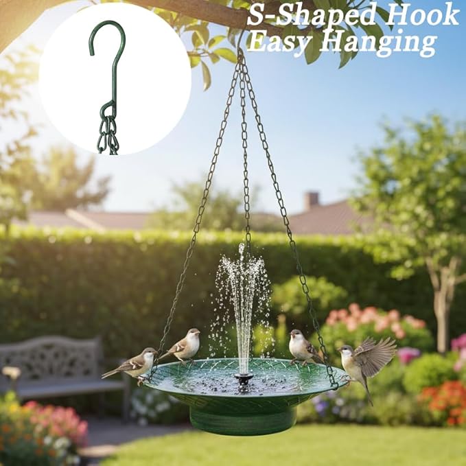 Hanging Bird Bath with Solar Fountain, 12.6" Solar Powered Bird Bath, Metal Hummingbird Fountain Bird Bath for Garden, Patio, Lawn Decor, Green