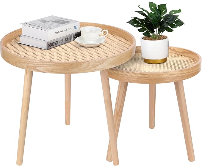 Round Coffee Table Set of 2, Natural Boho Coffee Tables, Small Mid Century Modern Rattan Coffee Table, Boho Side Table End Tables for Living Room Bedroom Office