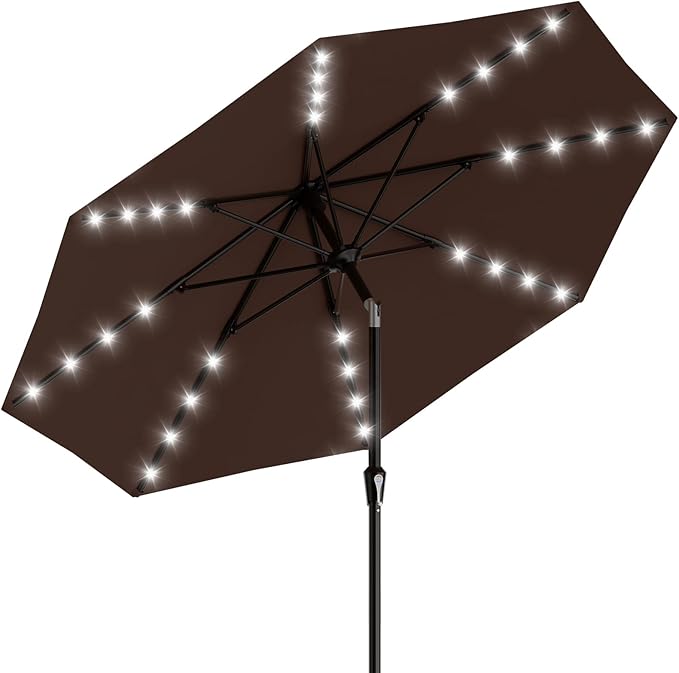 AreShark 9FT Patio Umbrella with Solar Lights, 32 Lighted Pool Umbrella w/Tilt and Crank, Outdoor Table Solar Umbrellas for Garden, Deck, Backyard, Pool and Beach, Light Brown