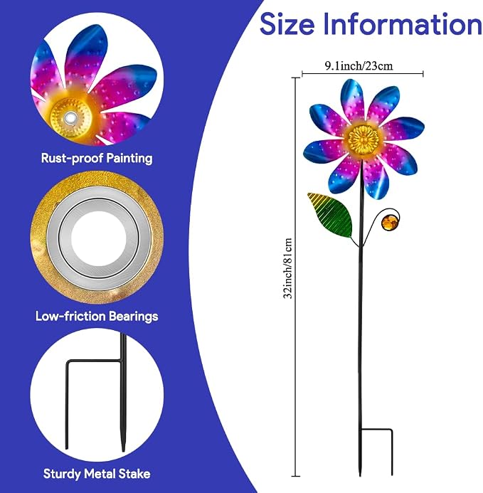 Viveta 2 Pack Flower Wind Spinners, Metal Wind Sculptures & Pinwheels for Garden, Kinetic Windmill for Yard Lawn Patio Decor(Blue and Pink)