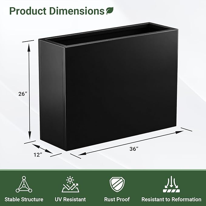 36" Metal Planter Box, Large Rectangular Window Box with Drainage Holes & Rust-Proof Coating, Modern Outdoor/Indoor Flower Box for Balcony, Patio & Herbs, Black