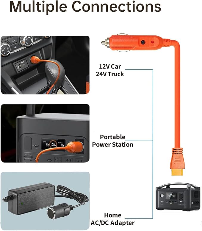 3M(10FT) 12V/24V Car Charging Cable to XT60 Connector, 14 AWG Cigarette Lighter Charger, Compatible with Anker SOLIX C300/C1000/F2000, EcoFlow Delta 2, BLUETTI AC2A Portable Power Station