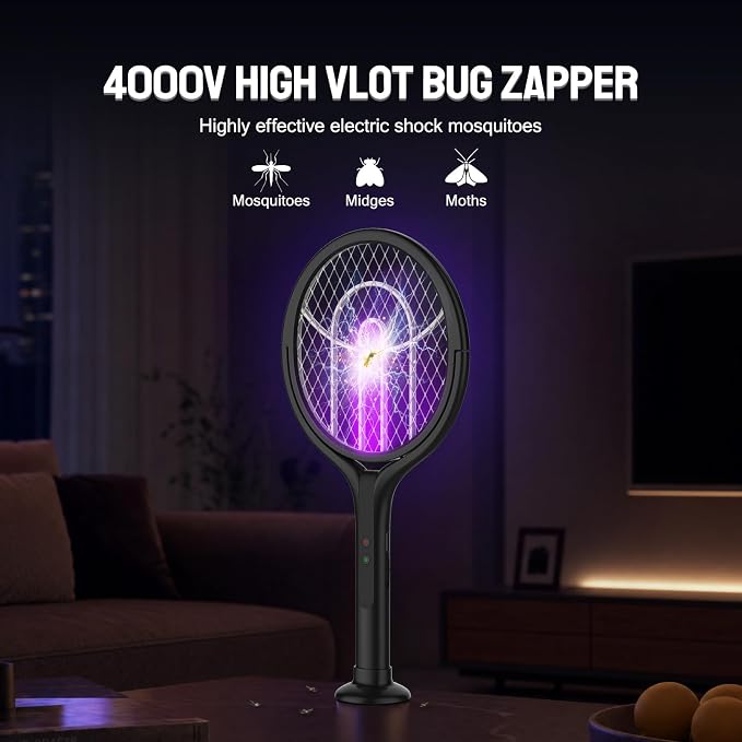 Mosiller Rotating Head Electric Fly Swatter, 4000V Bug Zapper with 1800mah Rechargeable Battery, 2 in 1 Purple Mosquito Light Killer with Rotating Head for Indoor Home Patio Camp Office(Black)