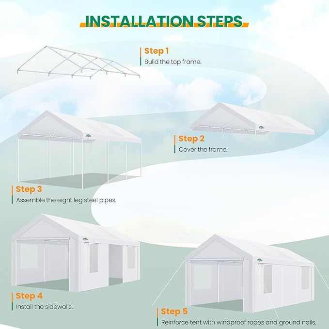 COBIZI Carport Canopy 12x20 Heavy Duty Portable Garage with Removable Sidewalls & Doors, Car Port Canopy Tent with Built-in Sandbags & All-Season Tarp for Car Boat Truck, White