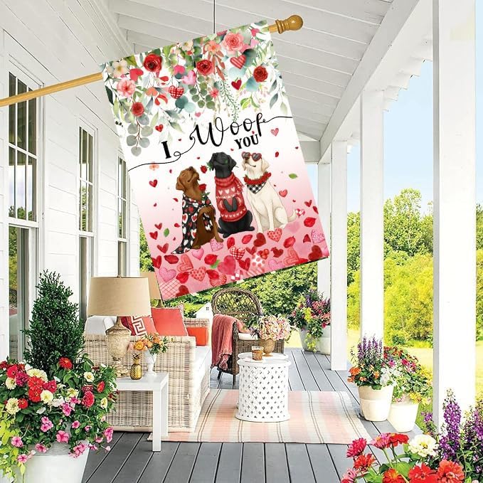 Dog Valentine House Flag 28 x 40 Double Sided Valentines Day Outdoor Decorations White Black Lab Garden Signs Chocolate Labrador Love Heart Yard Banner for Outside