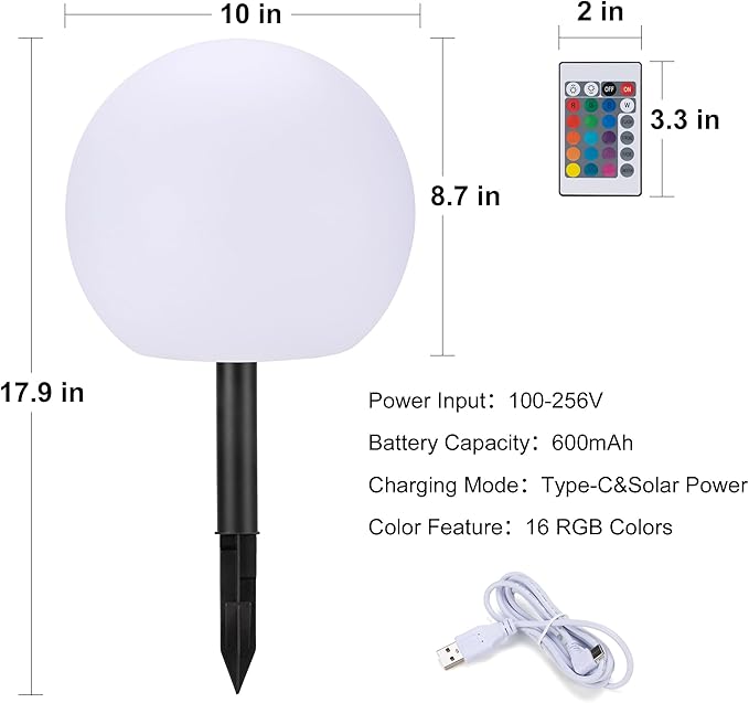 shumi Solar Ball Light-10 Inch LED Outdoor Table Lamp 16 RGB Colors and Dimmable Globe Light with Remote, Decor for Patio, Garden, Yard, Beach, Pathway