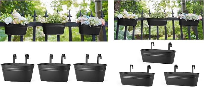 Dahey 10.5 and 15.7 Inch Metal Iron Hanging Flower Pots for Railing Fence Hanging Bucket Pots Countryside Style Window Flower Plant Holder with Detachable Hooks Home Decor