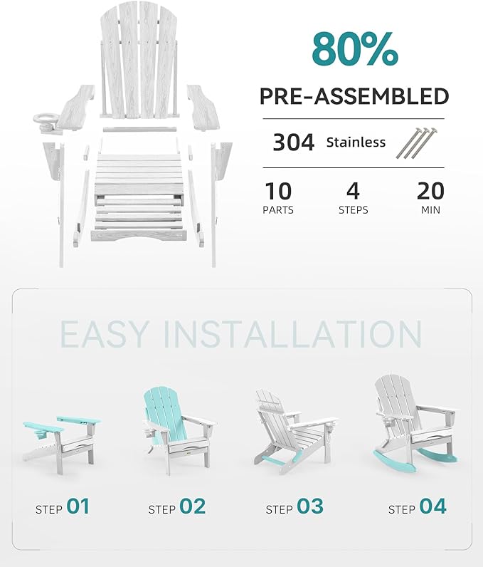 Adjustable Adirondack Rocking Chair with Retractable Ottoman, 4-in-1 Multifunctional Folding Patio Chair with Cup Holder, Outdoor Chair Wood Texture for Lawn,Porch, Backyard,Pool(White)