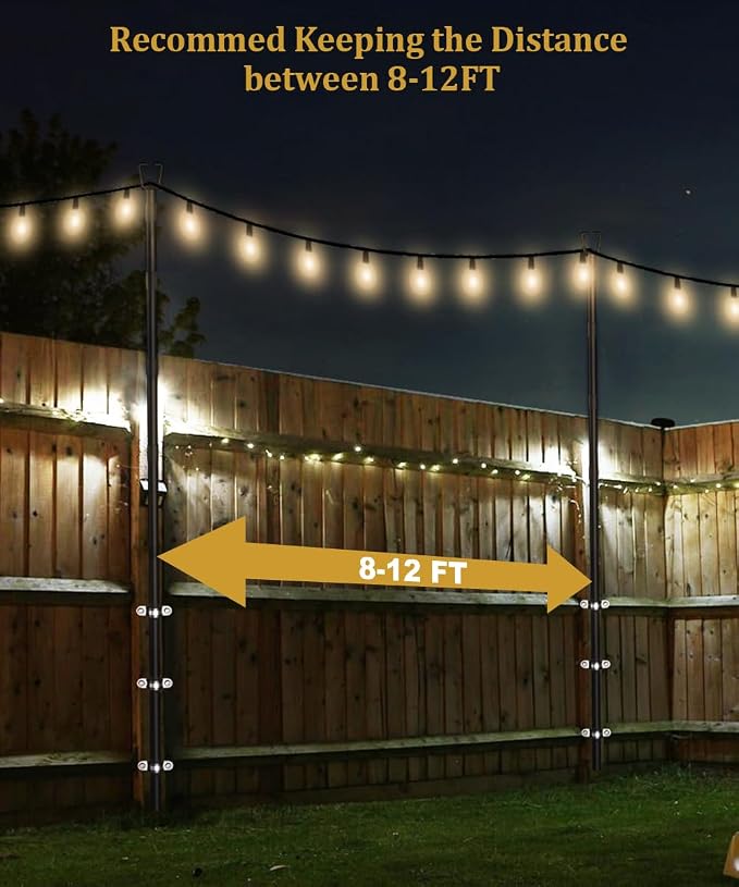 10FT String Light Poles for Outdoor Decor, Sturdy Light Pole with Fence Brackets, Adjustable Metal Posts for Outside Patio, Backyard, Deck, Garden, Party, Wedding