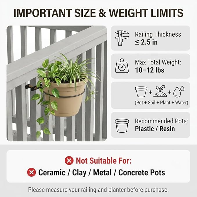Hanging Flower Pots Holder Deck Railing Plant Container Holder for Round Pot Planters (10") Hanging Bucket Flower Pot Holder for Patio Balcony Outdoor Plants 2 Pack