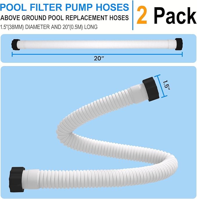 1.5" x 20" Pool Hose Replacement, Pack of 2 - Compatible with Above Ground Pools Filter Pump Hoses, Sand Filters, Saltwater Systems (1,500-2,500 GPH), White