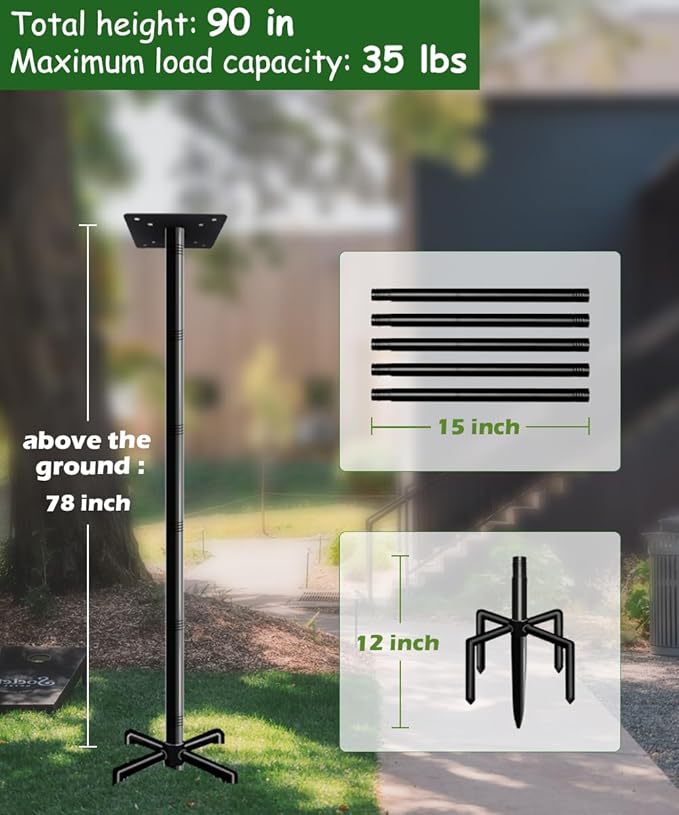 90 Inch Bird House Pole Mount Kit, Adjustable Heavy Duty Bird Feeder Pole for Outdoors, Universal Mounting Post Set with 5-Prong Base, Black, 1 Pack