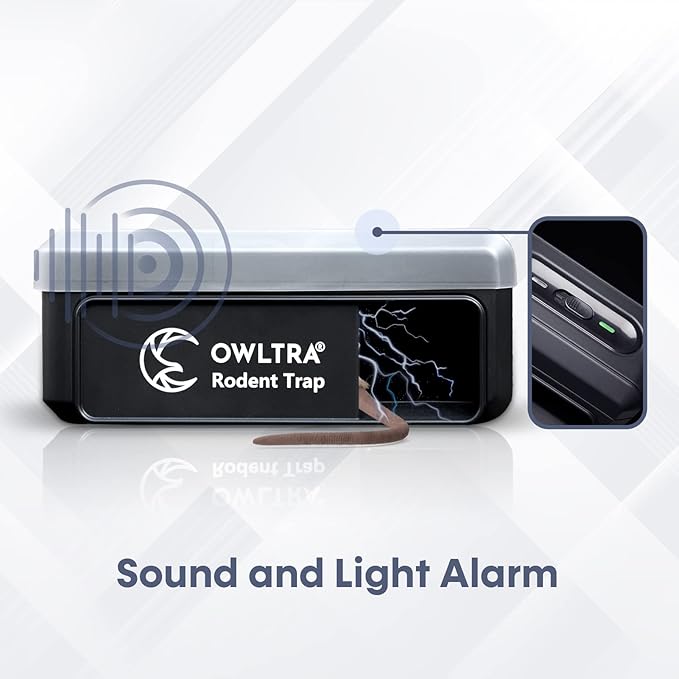 OWLTRA 2 Pack OW-7 in-/Outdoor Electric Rodent Trap, Instant Eliminate Rodent Zapper with Waterproof Cover, Sound & Light Alarm, and Batteries or USB Power Source, Waterproof Grade IPX4, Black