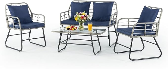 DUMOS Outdoor 4 Piece Patio Furniture Set, Wicker Patio Set with Thick Sandwich Structure Cushions, Deep Seating All-Weather Rattan Sofa and Functional Glass Table for Porch, Lawn, Grey