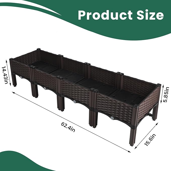 Raised Garden Bed with Legs & Drain Outlet, Self-Watering System Outdoor Elevated Wicker Planter Box Rectangular Patio Plant Containers for Vegetables, Flowers (4-Box)