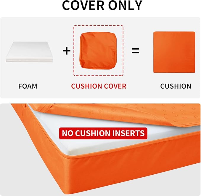 Easy-Going Waterproof Patio Cushion Covers 24x22x4 inch 2 Pack Replacement Non-Slip Outdoor Seat Cushion Slipcover with Zipper. Orange