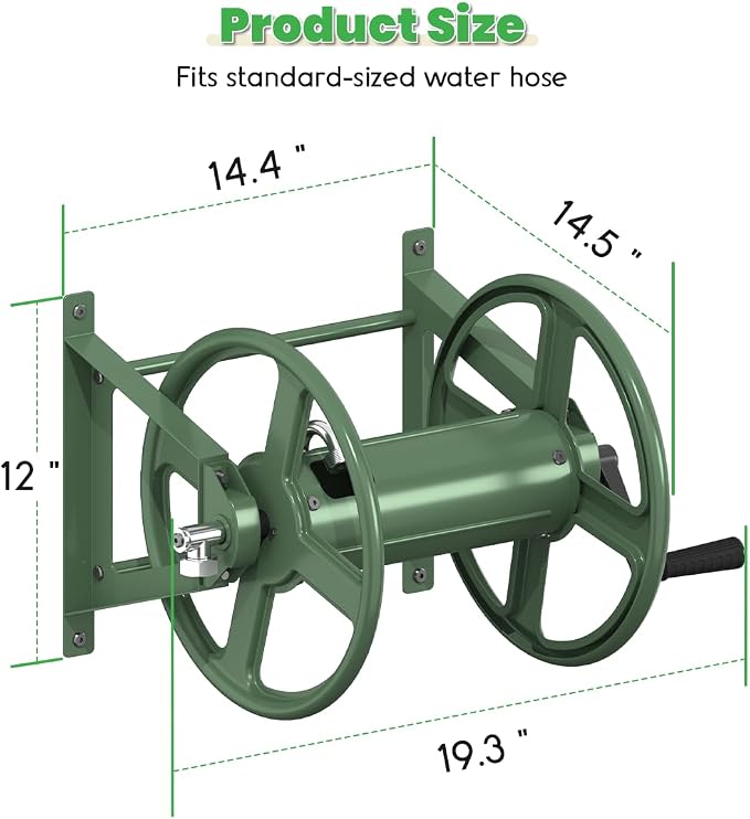 Garden Hose Reel Wall Mounted, Heavy-Duty Water Hose Holder Winder with 3.9 ft Leader Hose & Brass Fitting, Hose Hanger Storage Rack Holds 125-Feet of, 5/8-Inch, for Yard Lawn Farm, Green